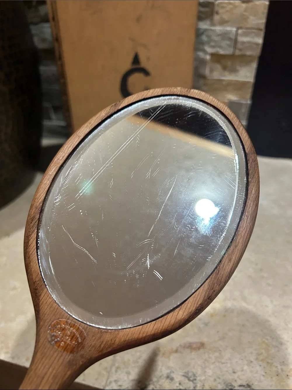 Vintage Hand-Painted Pink Rose Wooden Hand Mirror